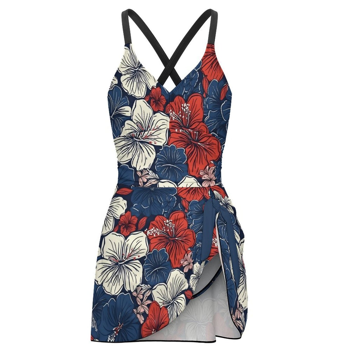 USA/American Flag Inspired Hawwaiian Floral Pattern Women's Hem Tie One-piece Swimsuit