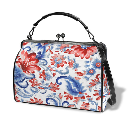 USA/American Flag Inspired Floral Pattern Kisslock Crossbody Shoulder Bag-Large