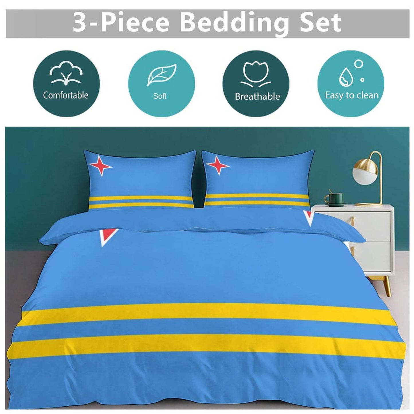 Aruba Flag Inspired 3-Piece Bedding Set (1 Duvet Cover + 2 Pillow Shams) – 102"×90"