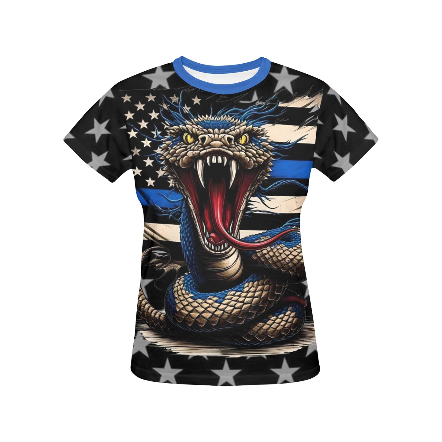 Thin Blue Line Flag Inspired Snake Women's All Over Print Crew Neck T-Shirt(T40-2)(Made in Queens)