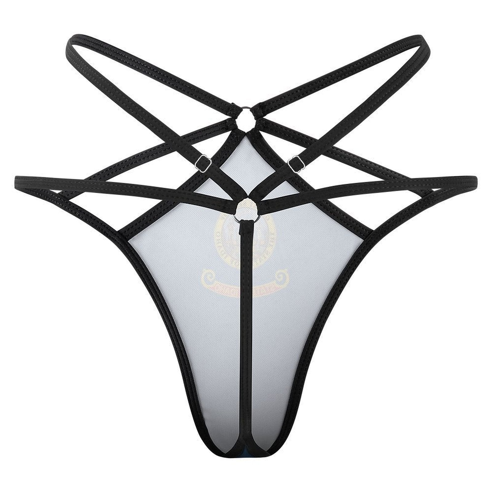 Black strappy design lingerie by [Brand] with geometric patterns.