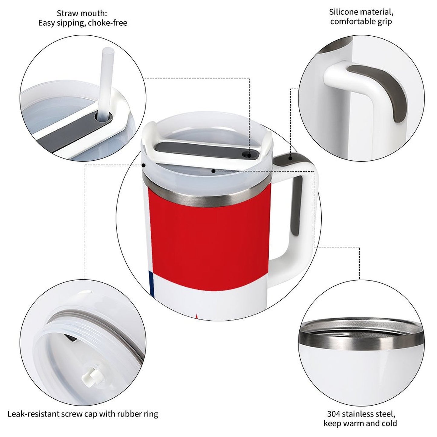 [Brand] mug with leak-resistant screw cap and silicone grip.