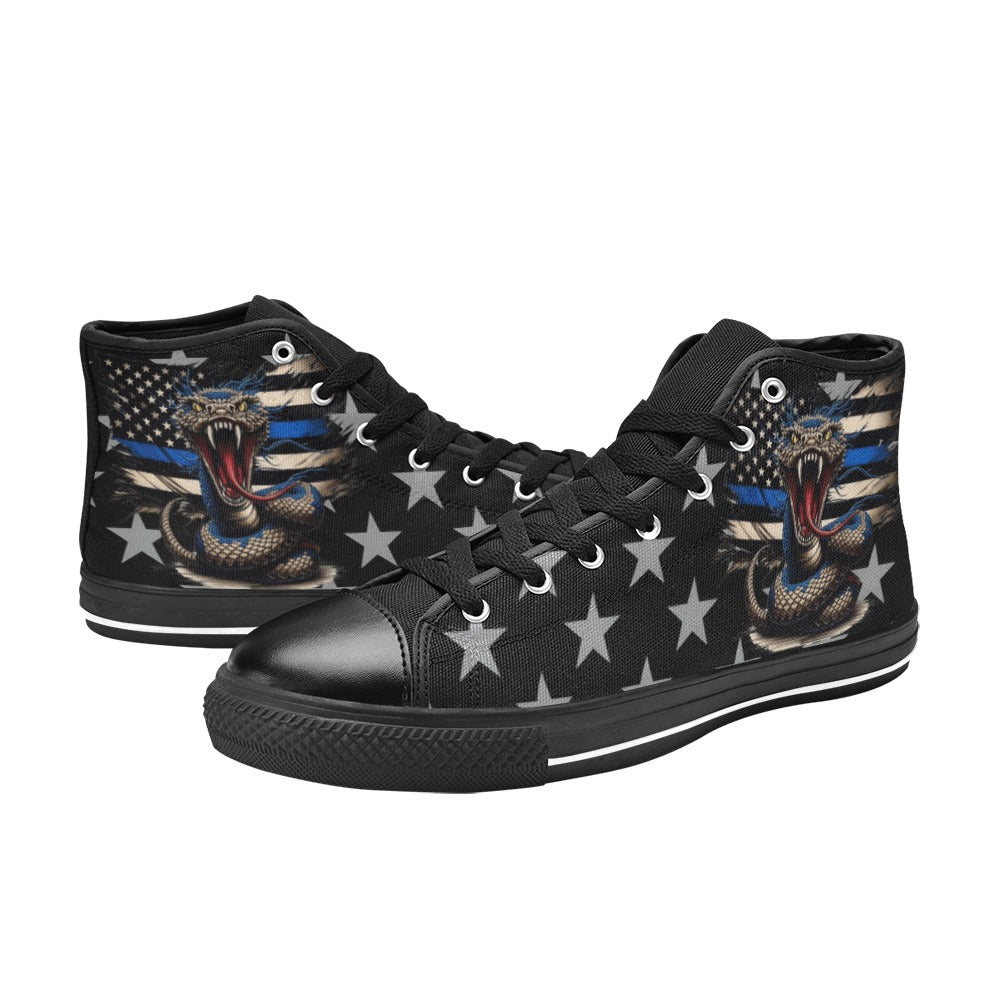Thin Blue Line Flag Inspired Snake Kid's High Top Canvas Shoes