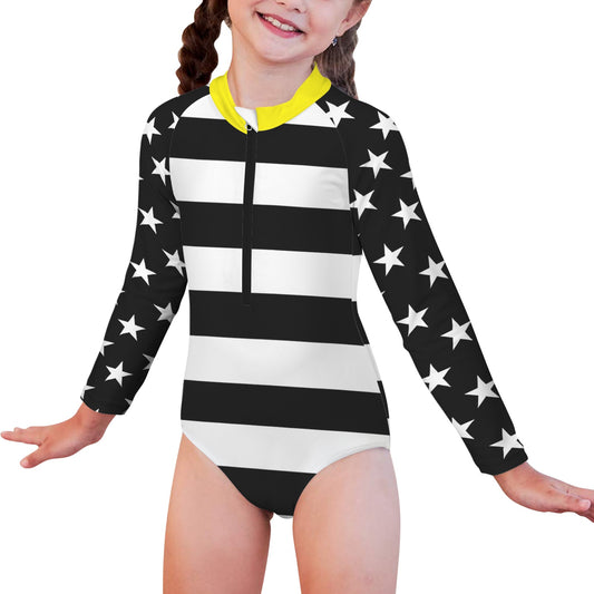 Thin Gold Line Flag Little Girls' Long Sleeve One-Piece Swimsuit