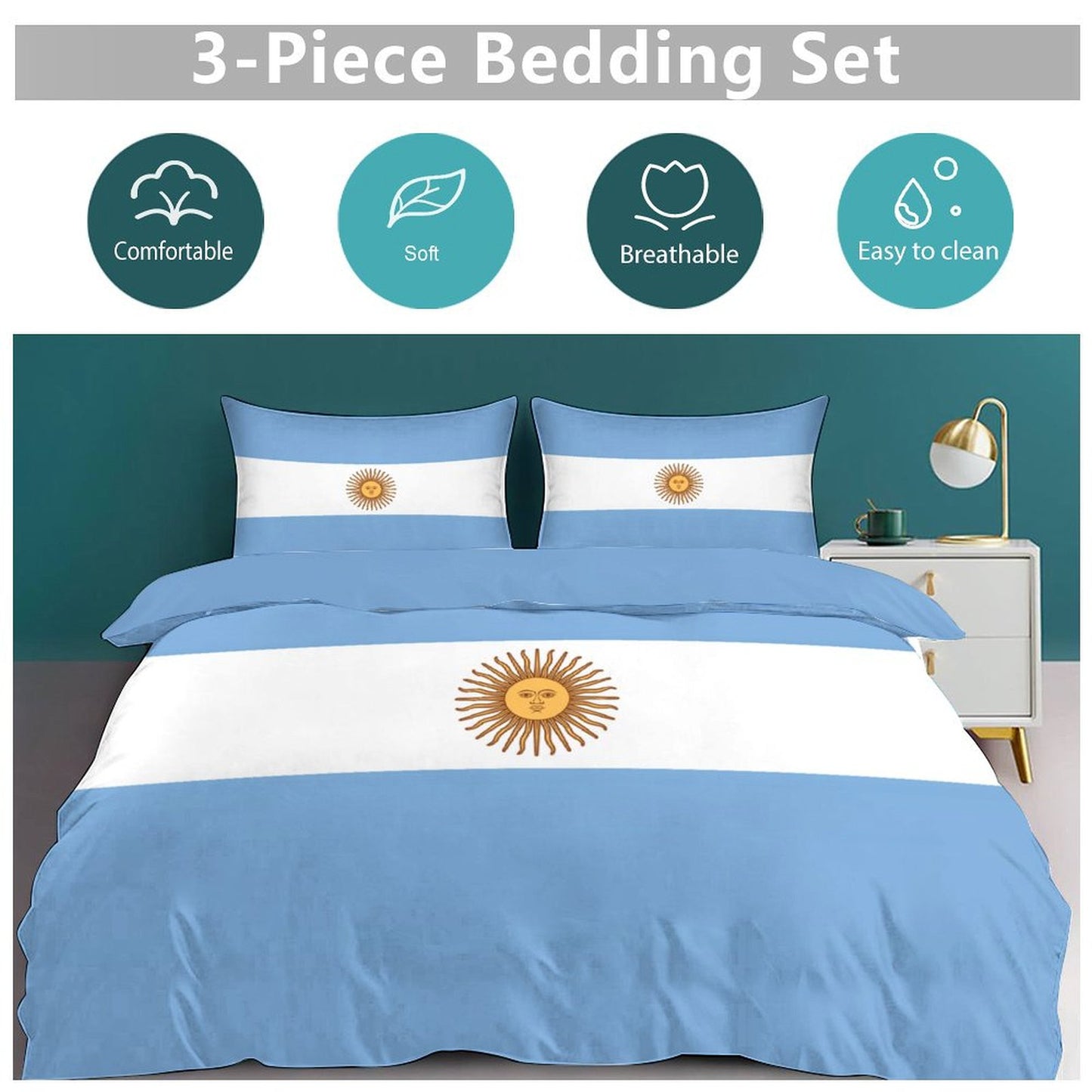 Argentina Flag Inspired 3-Piece Bedding Set (1 Duvet Cover + 2 Pillow Shams) – 102"×90"