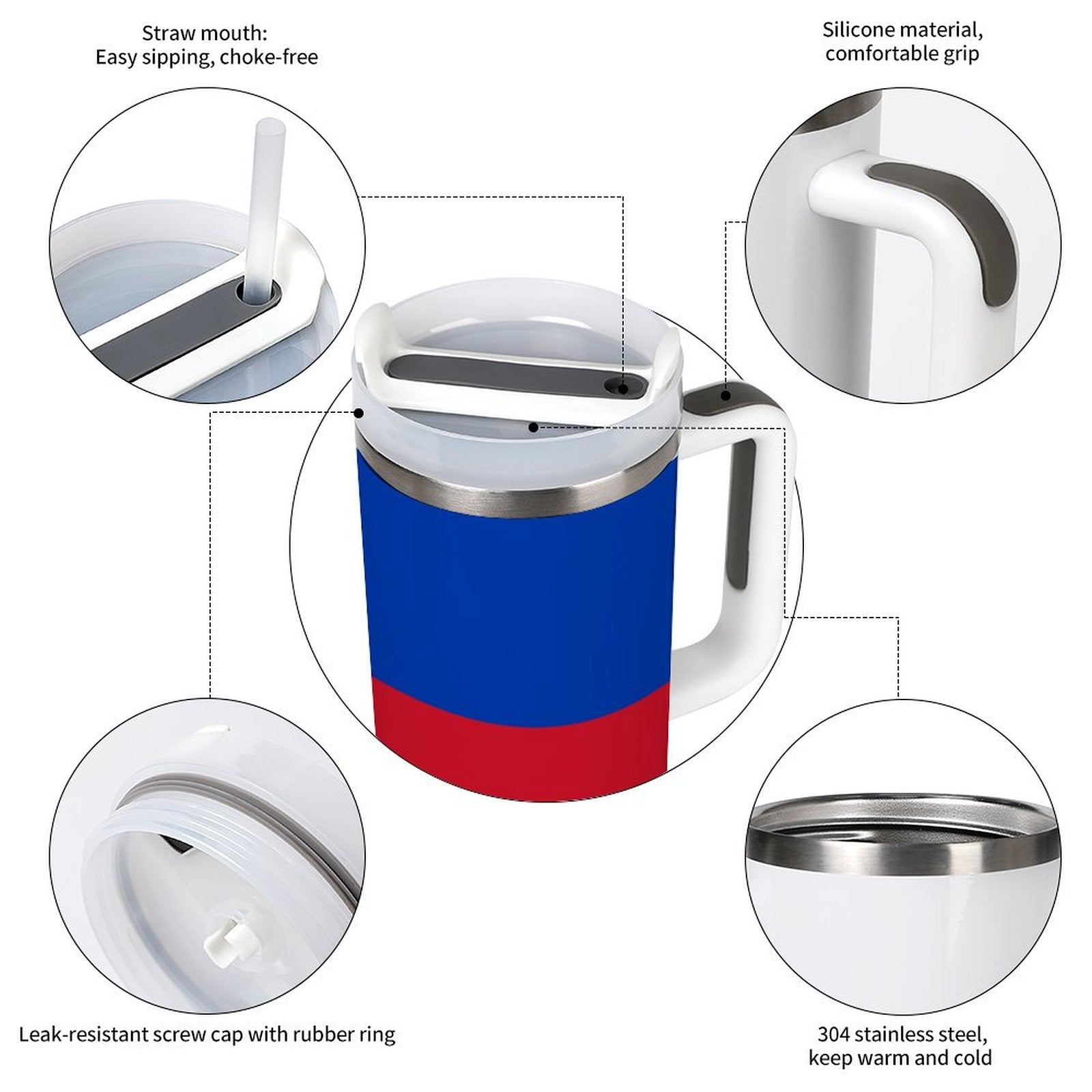 Tumbler with straw and handle; features include [Brand] design.
