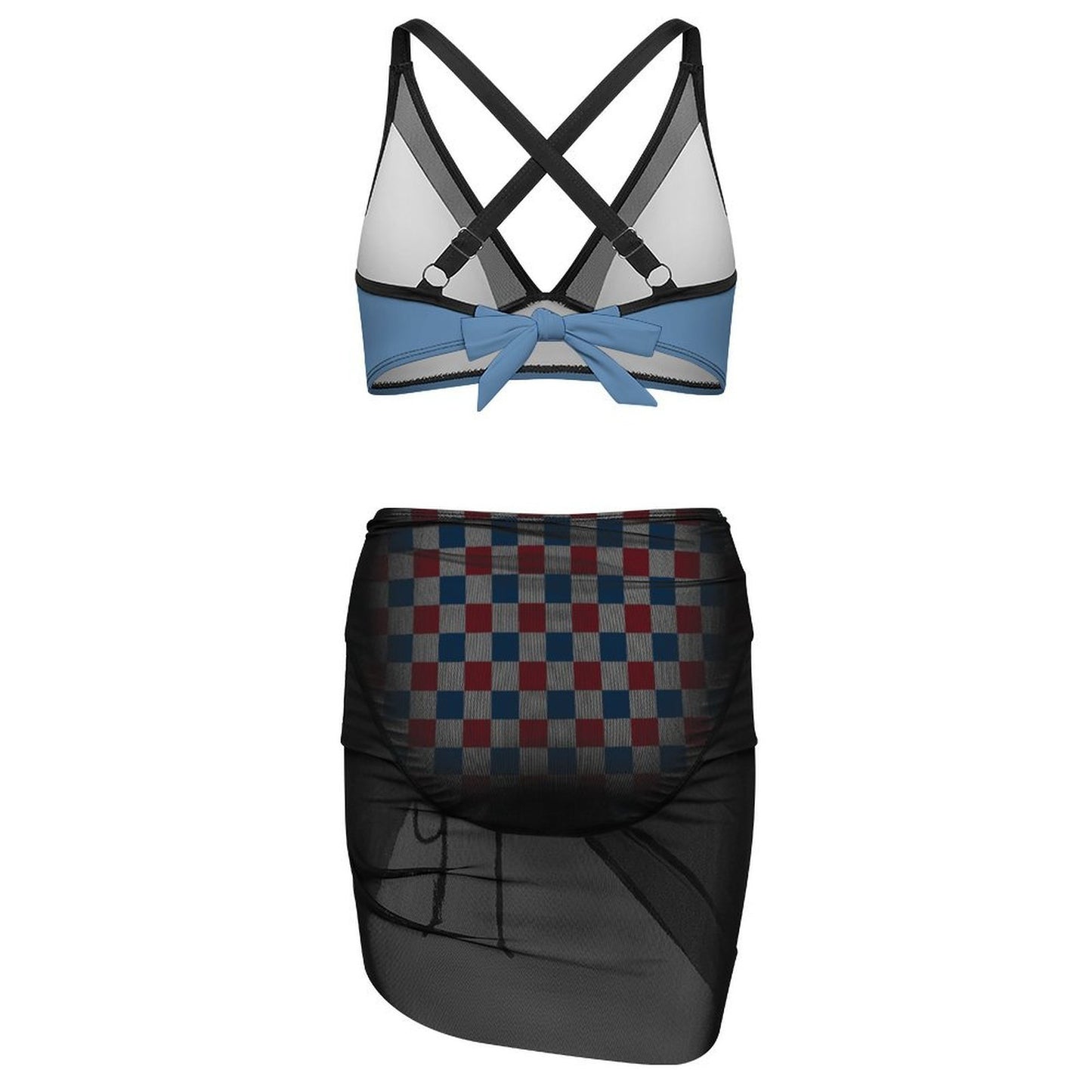 USA/American Flag Inspired Checkered Pattern Women's Mesh Drawstring Skirt and Swimsuit Set