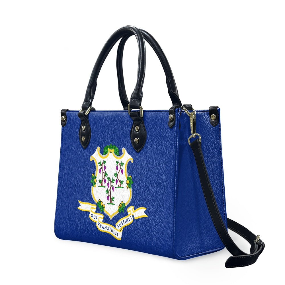 Blue handbag with Connecticut emblem, black handles, [Brand].