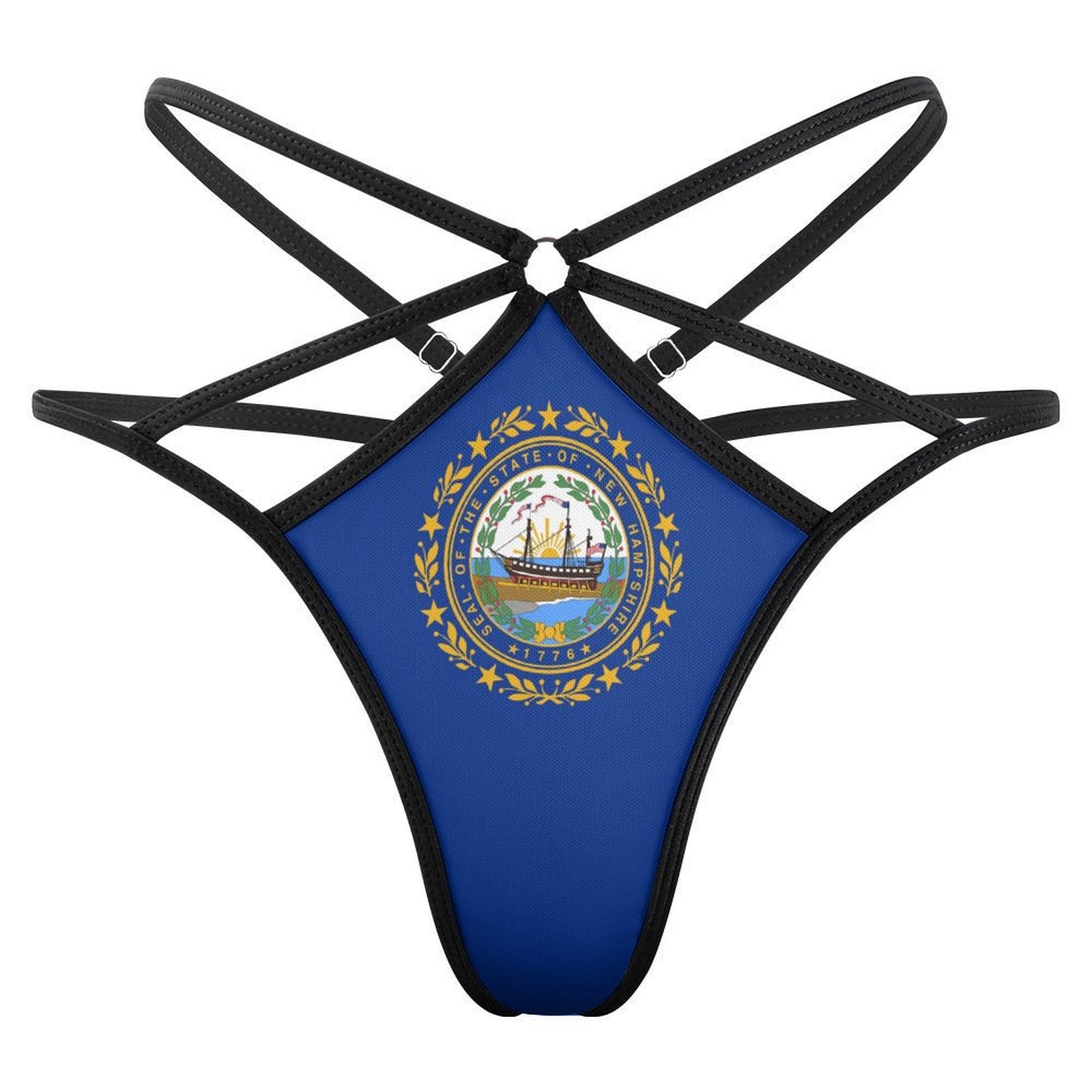 Black strappy [Brand] bikini with New Hampshire state seal.