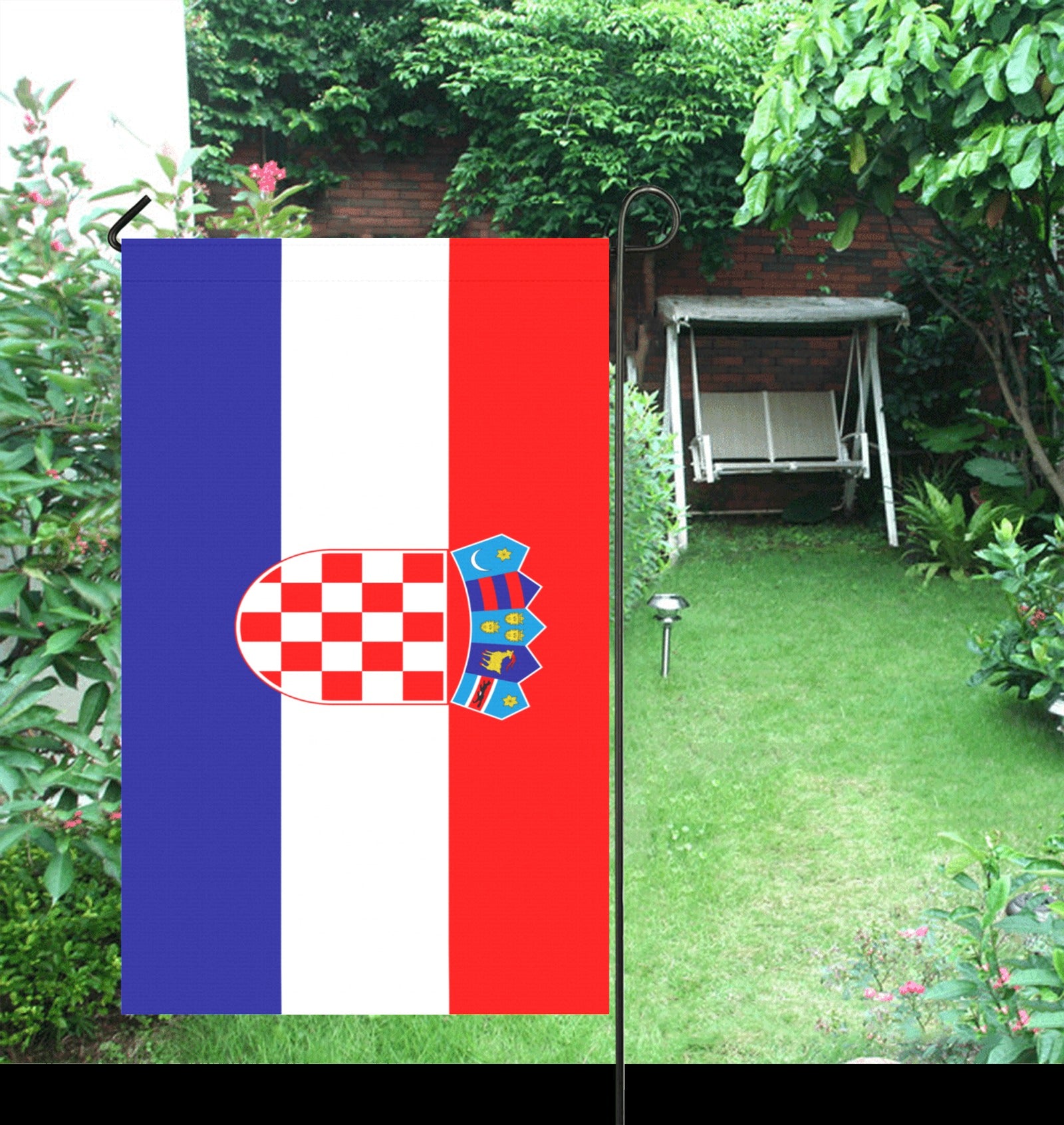 Luv My Flag garden flag with Croatian design, green garden.