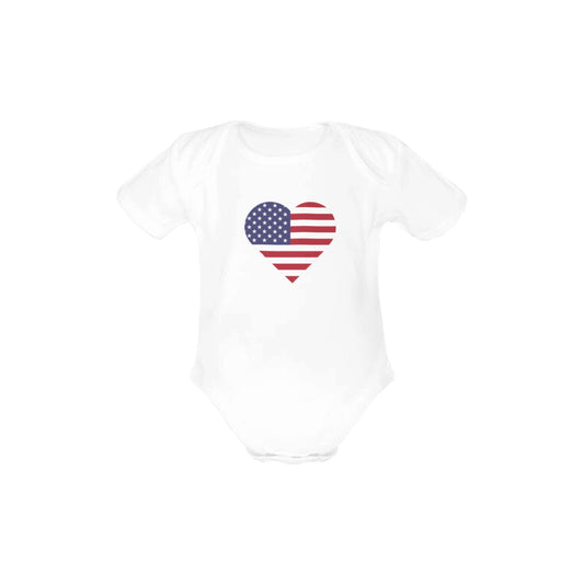 USA/American Flag Inspired Heart Baby Short Sleeve Unisex Bodysuits Made in USA）