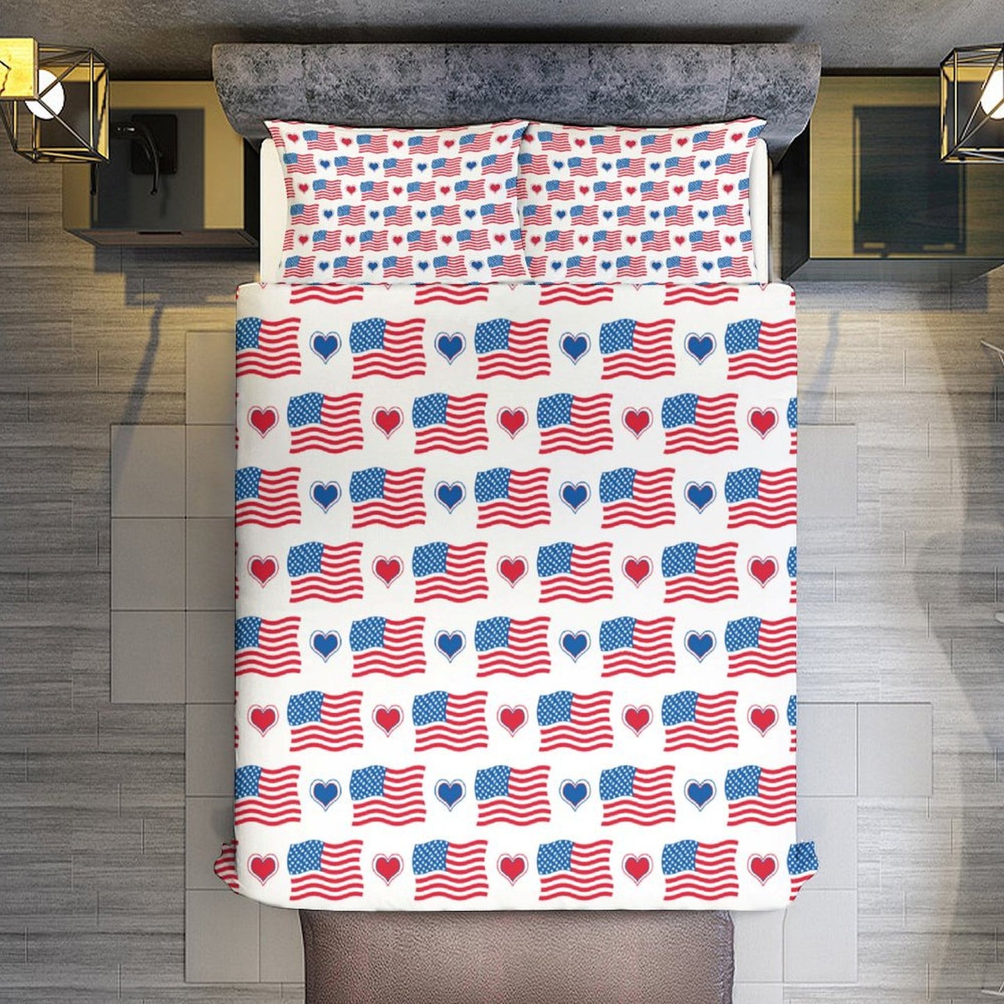 USA/American Flag Inspired Flag and Hearts Pattern 3-Piece Bedding Set (1 Duvet Cover + 2 Pillow Shams) – 102"×90"