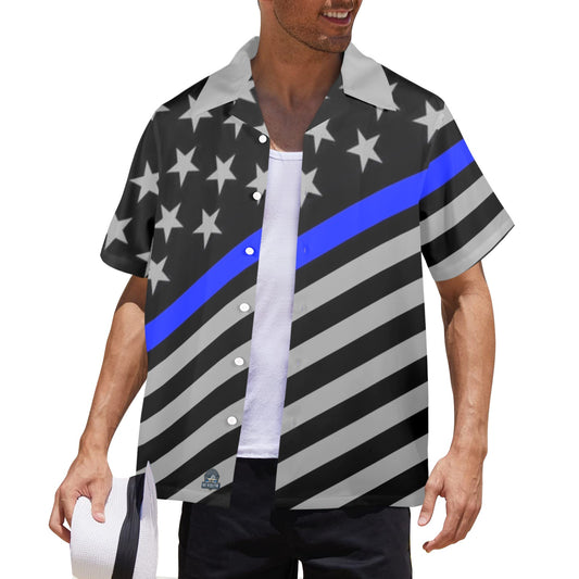 Man wearing [Brand] shirt featuring stars and blue stripe.