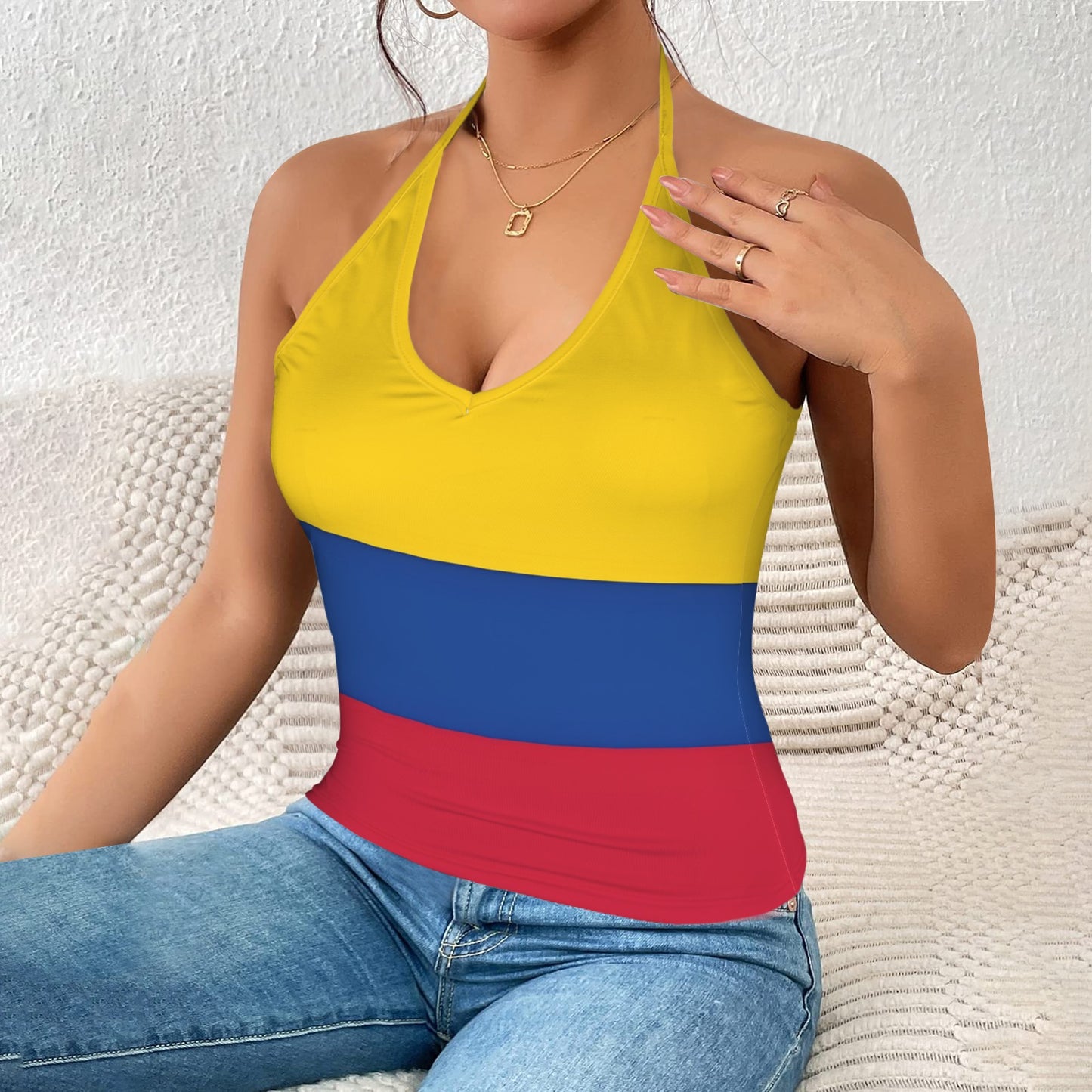 Colombia Flag Inspired V-neck Halter Open Back Tank Top