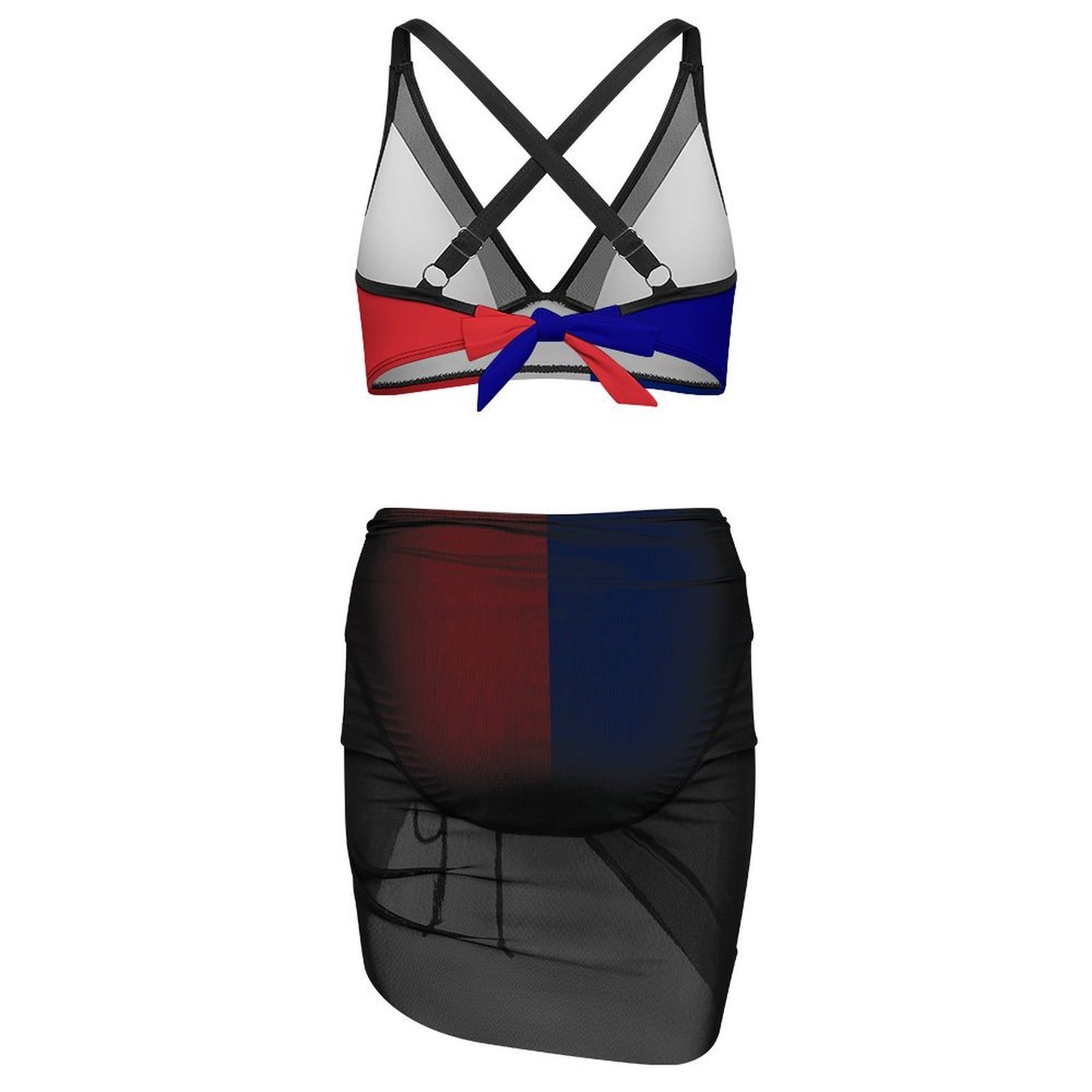 France Flag Inspired Women's Mesh Drawstring Skirt and Swimsuit Set