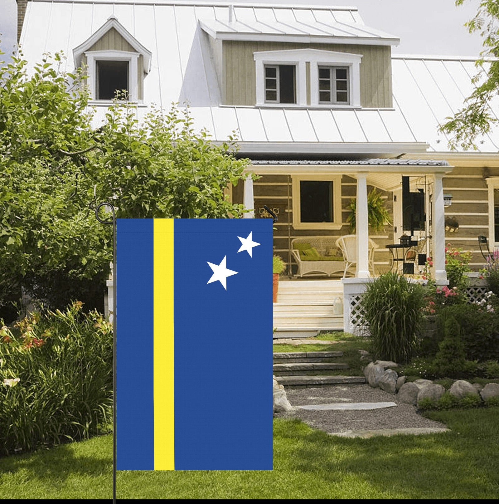 Blue and yellow [Luv My Flag] in front of house.