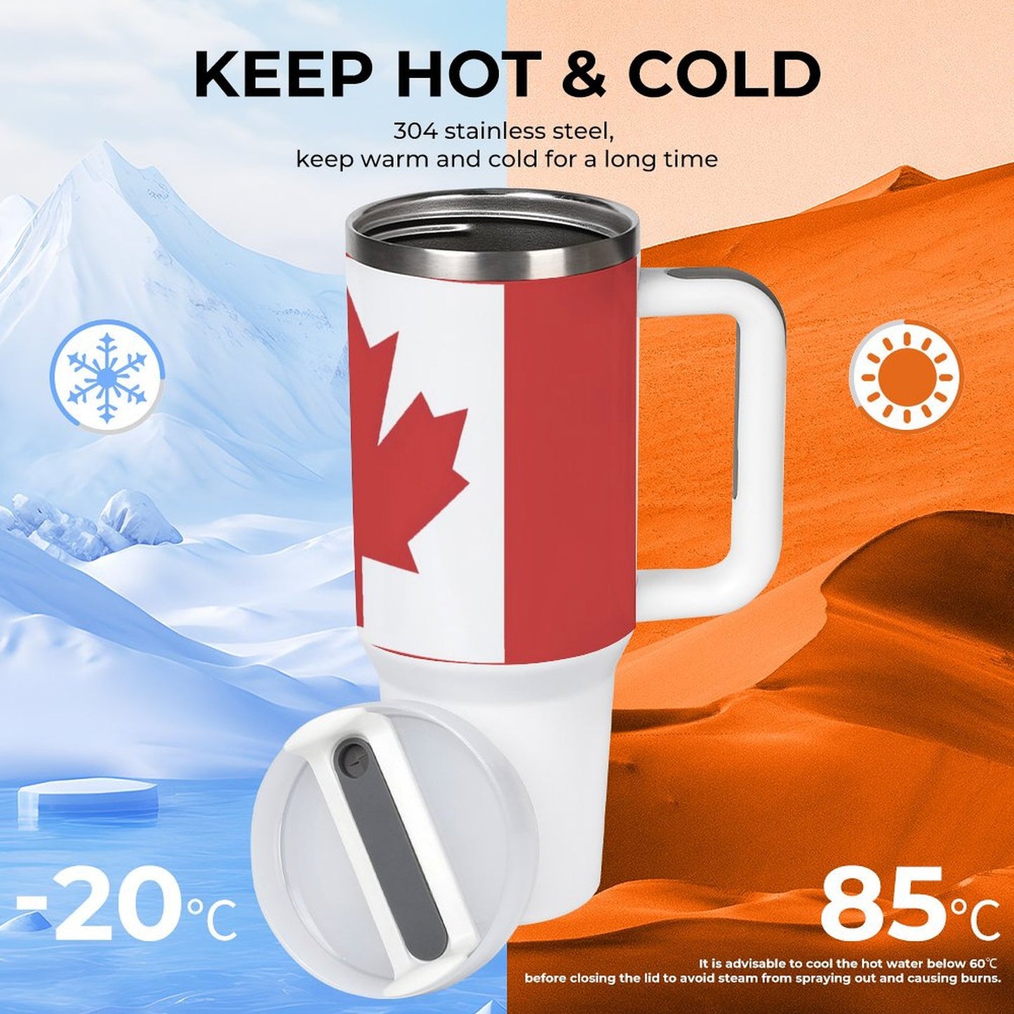 [Brand] mug with Canadian flag, maintaining hot and cold.