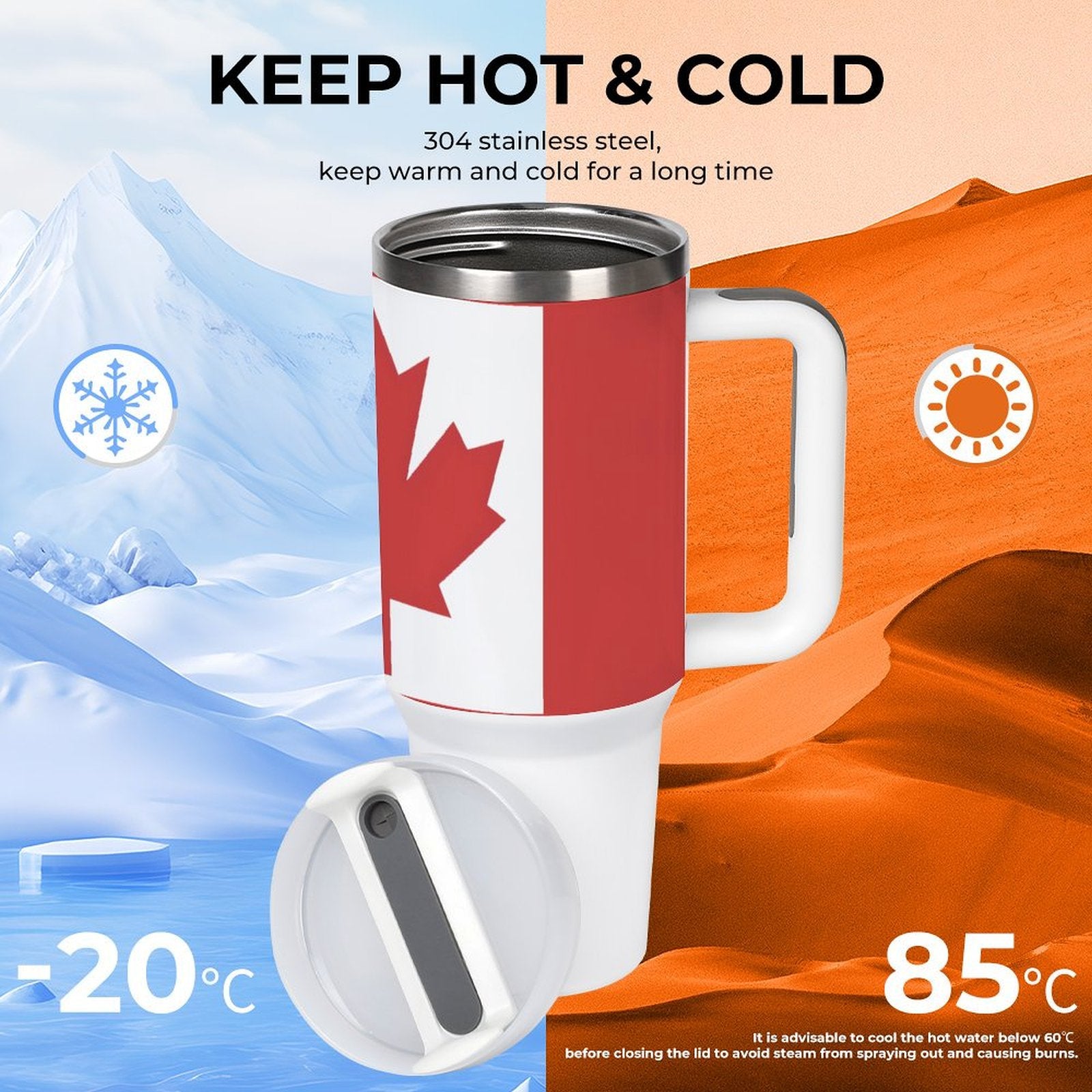 [Brand] mug with Canadian flag, maintaining hot and cold.