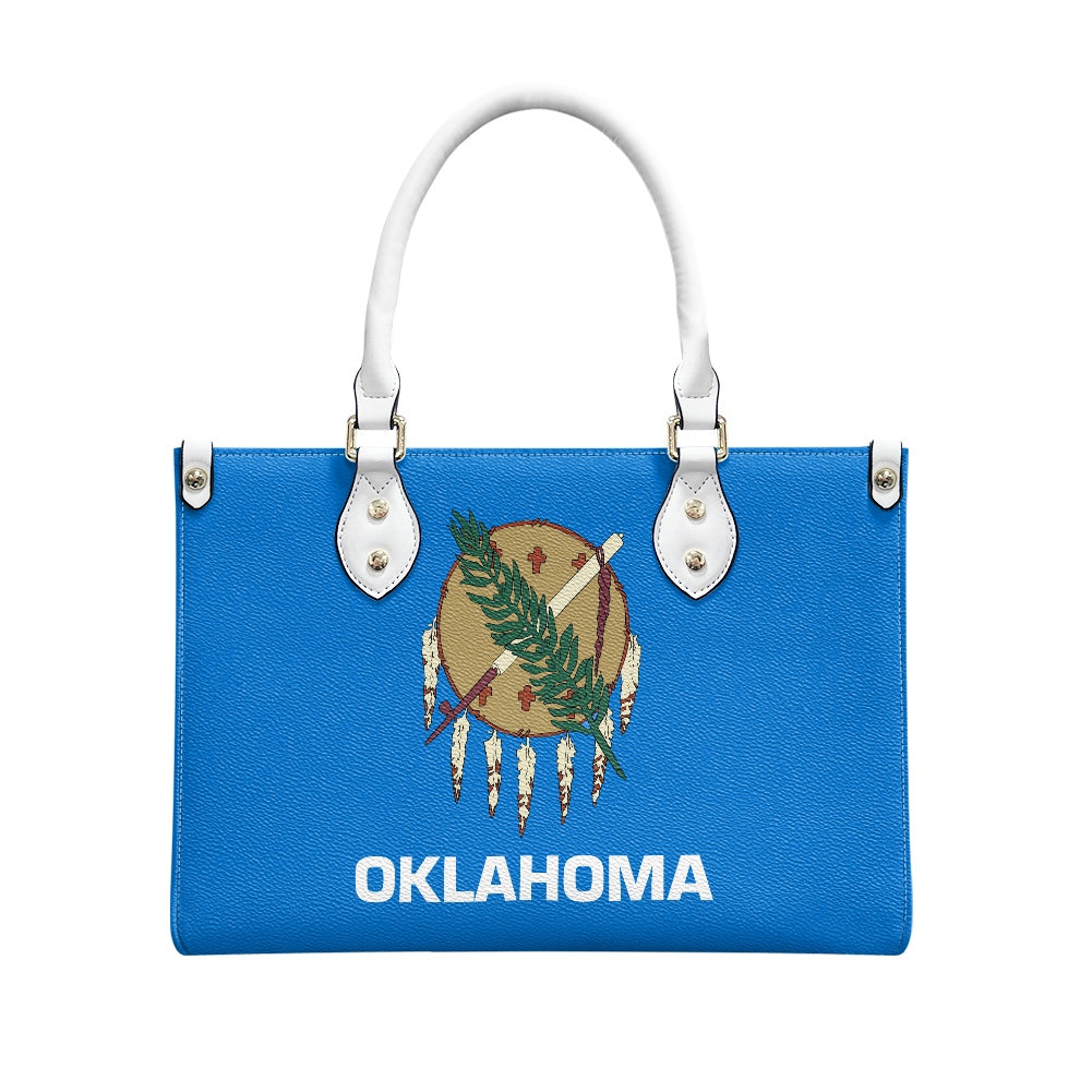 Blue handbag with Oklahoma flag design by [Brand].