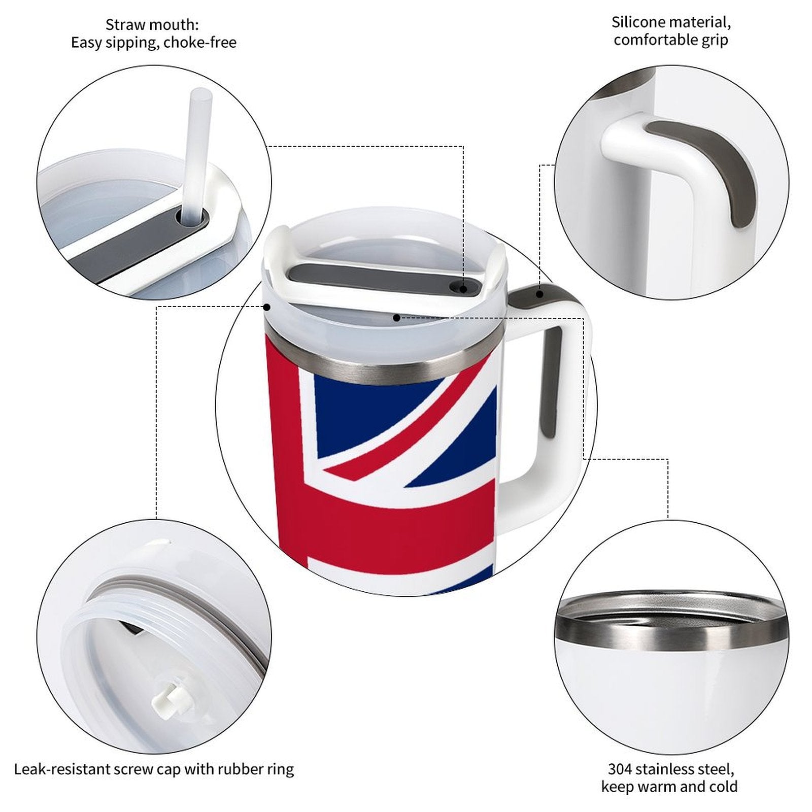 [Brand] tumbler with Union Jack, silicone grip, straw mouth.