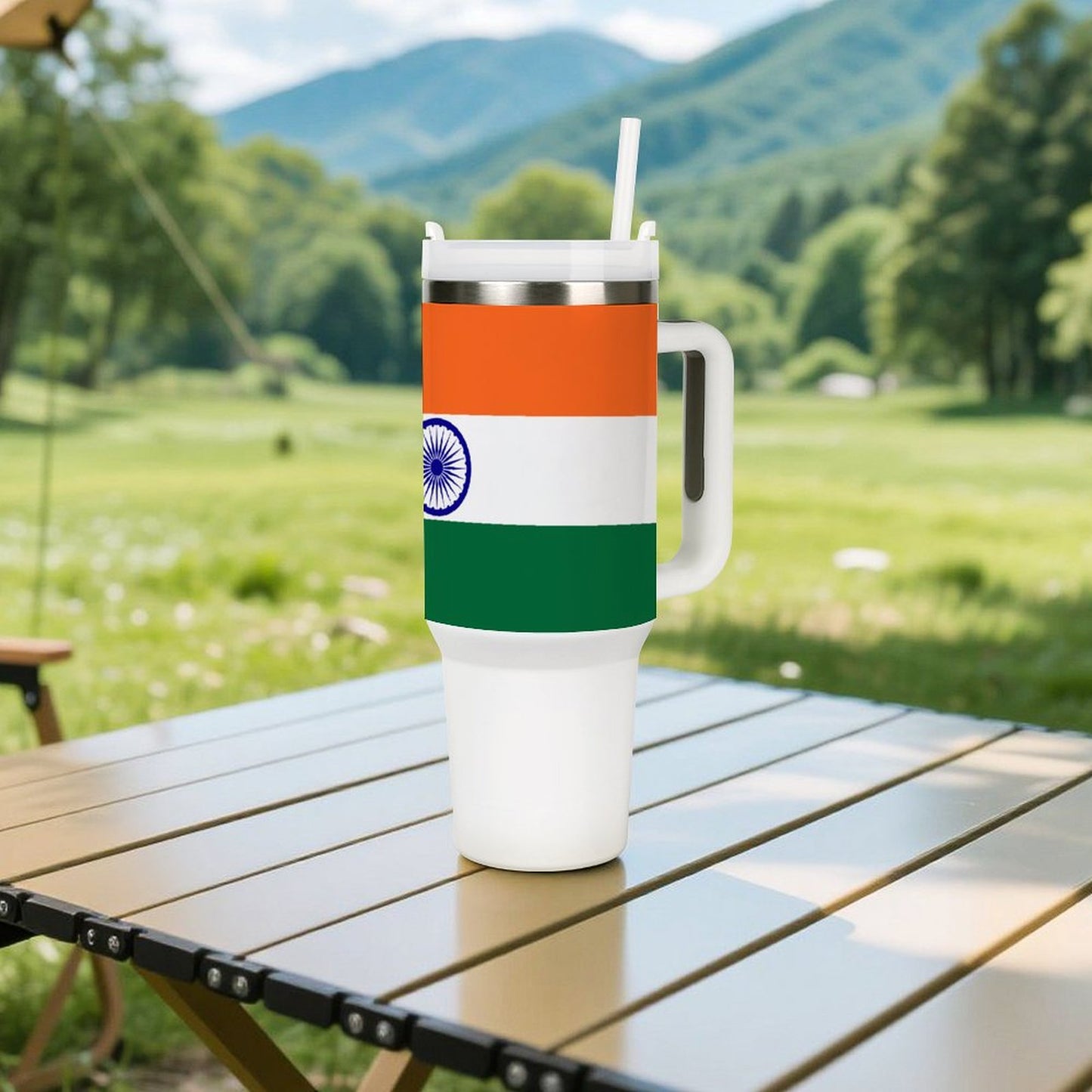 [Brand] travel mug featuring Indian flag design on table.