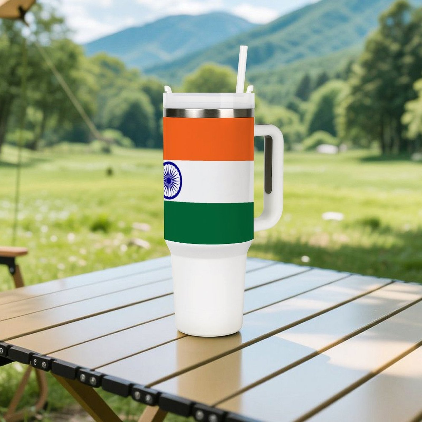 [Brand] travel mug featuring Indian flag design on table.