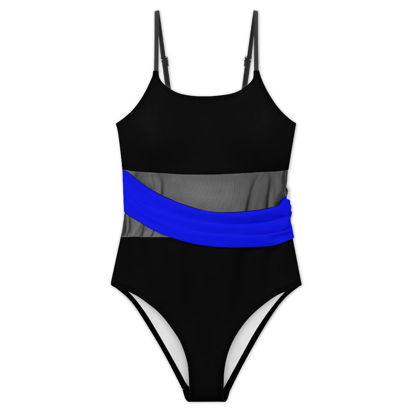 Thin Blue Line Flag Inspired Women's Square Neck Mesh Spliced One Piece Swimsuit