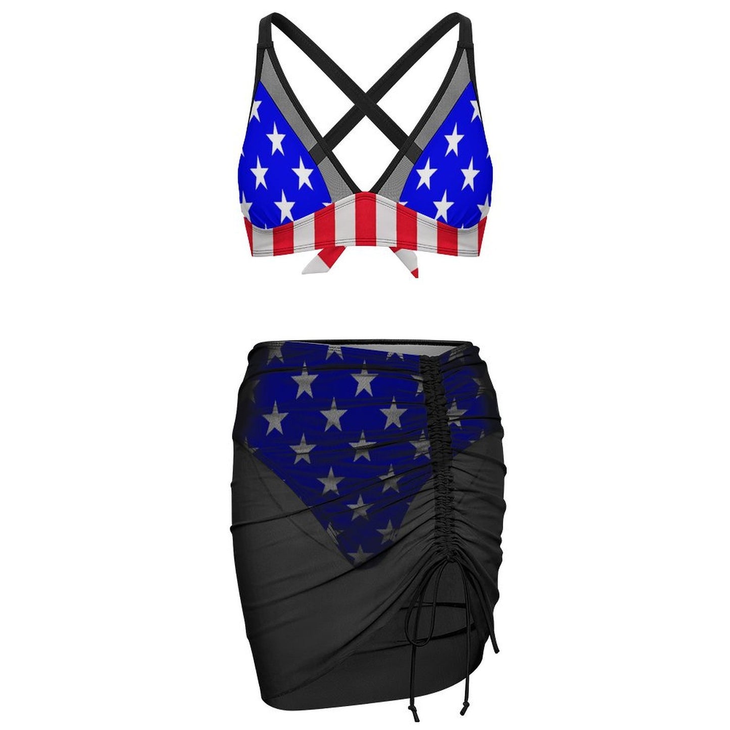 USA/American Flag Inspired Style-2 Women's Mesh Drawstring Skirt and Swimsuit Set