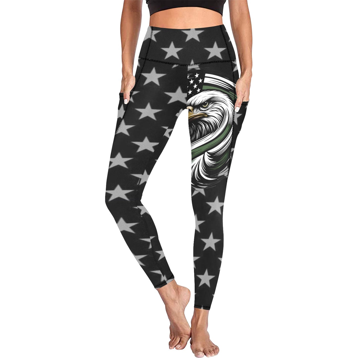 Thin Green Line Flag Inspired Eagle Women's High Waist Leggings with Pockets