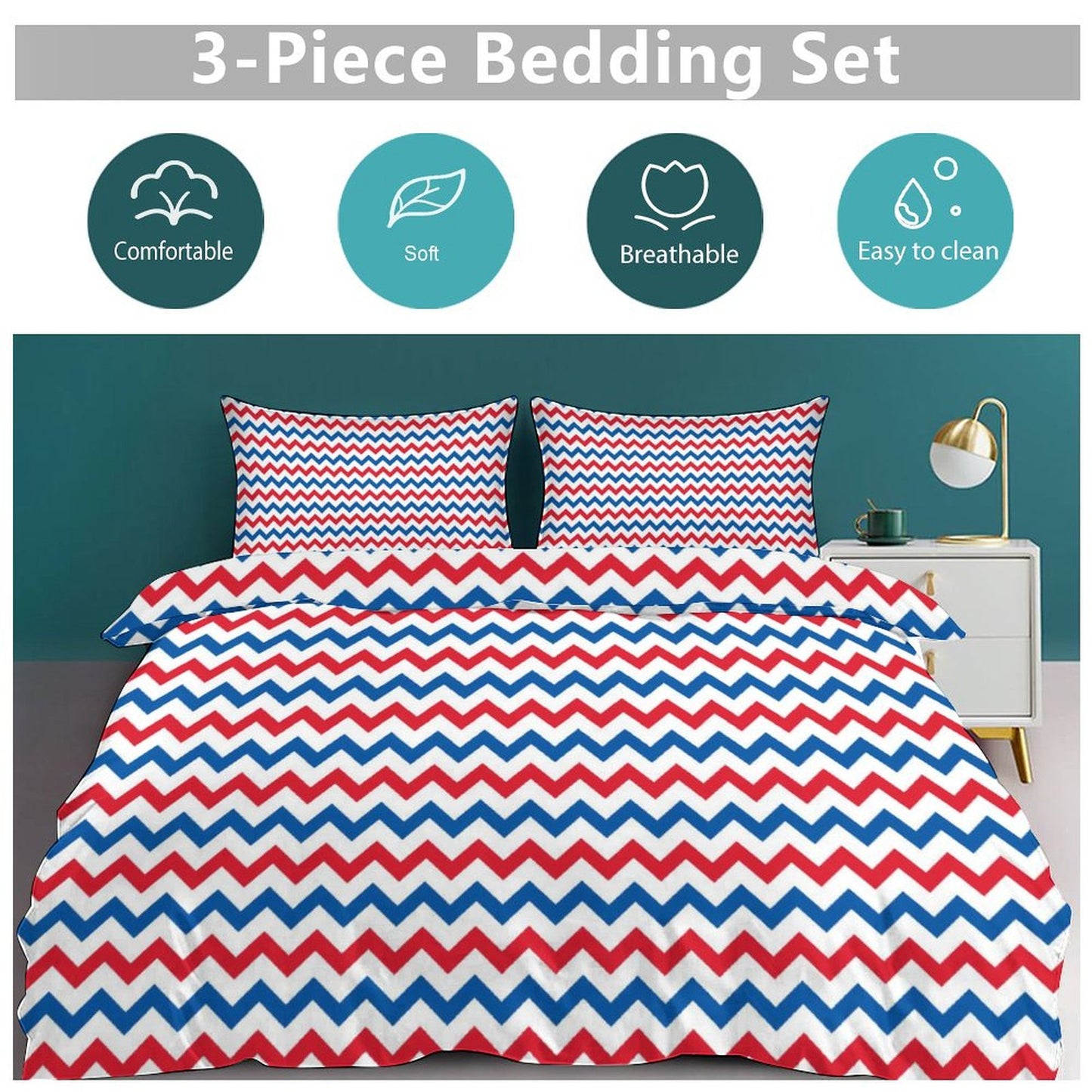 USA/American Flag Inspired Chevron Pattern 3-Piece Bedding Set (1 Duvet Cover + 2 Pillow Shams) – 102"×90"
