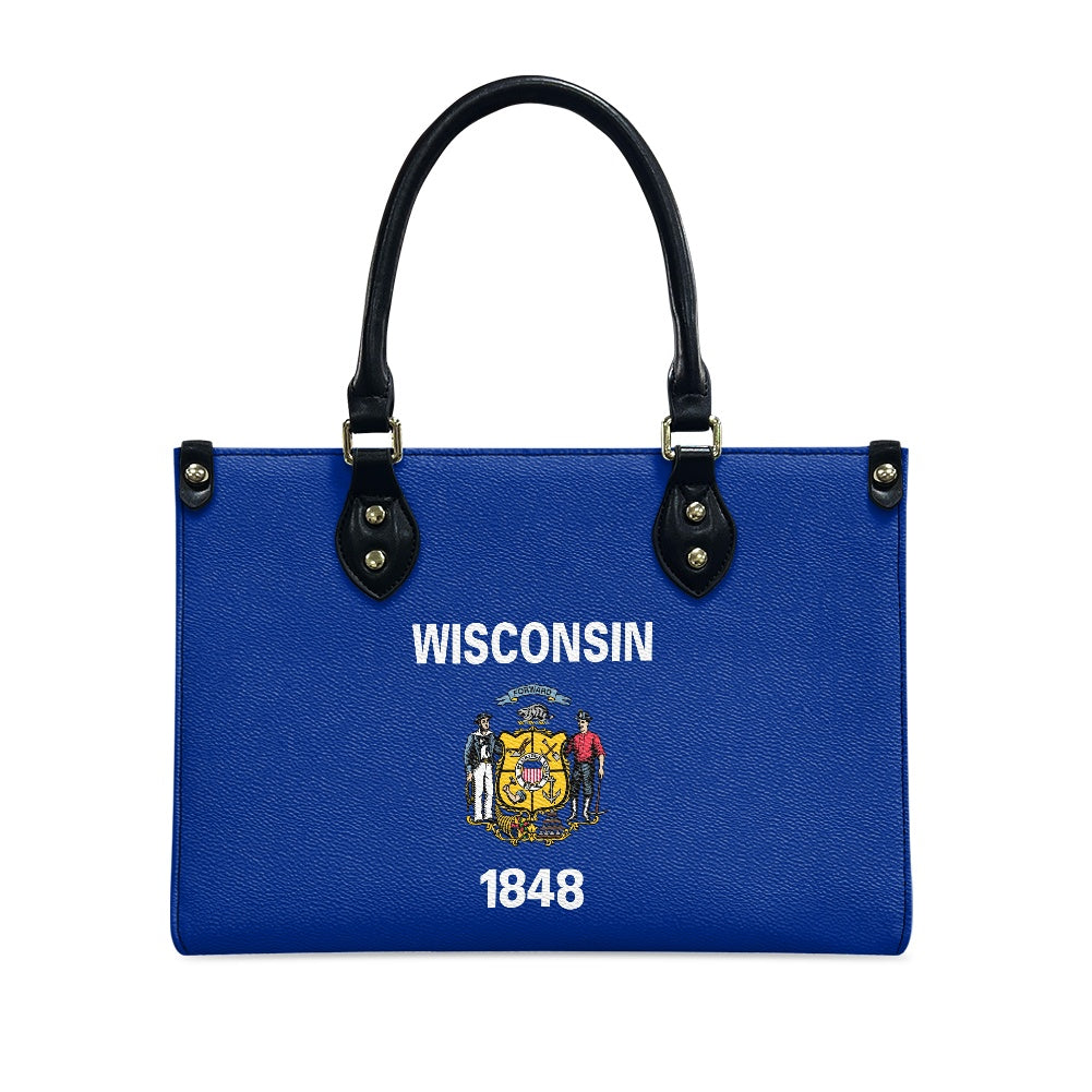 Blue [Brand] handbag featuring Wisconsin flag and inscription "1848."