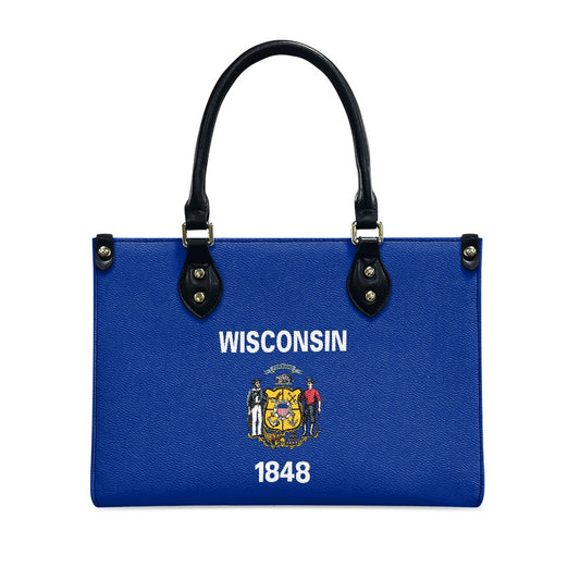 Blue [Brand] handbag featuring Wisconsin flag and inscription "1848."