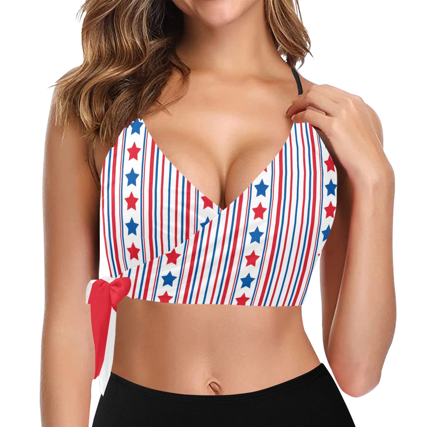 USA/American Flag Inspired Stars and Stripes Pattern Knot Side Bikini Top