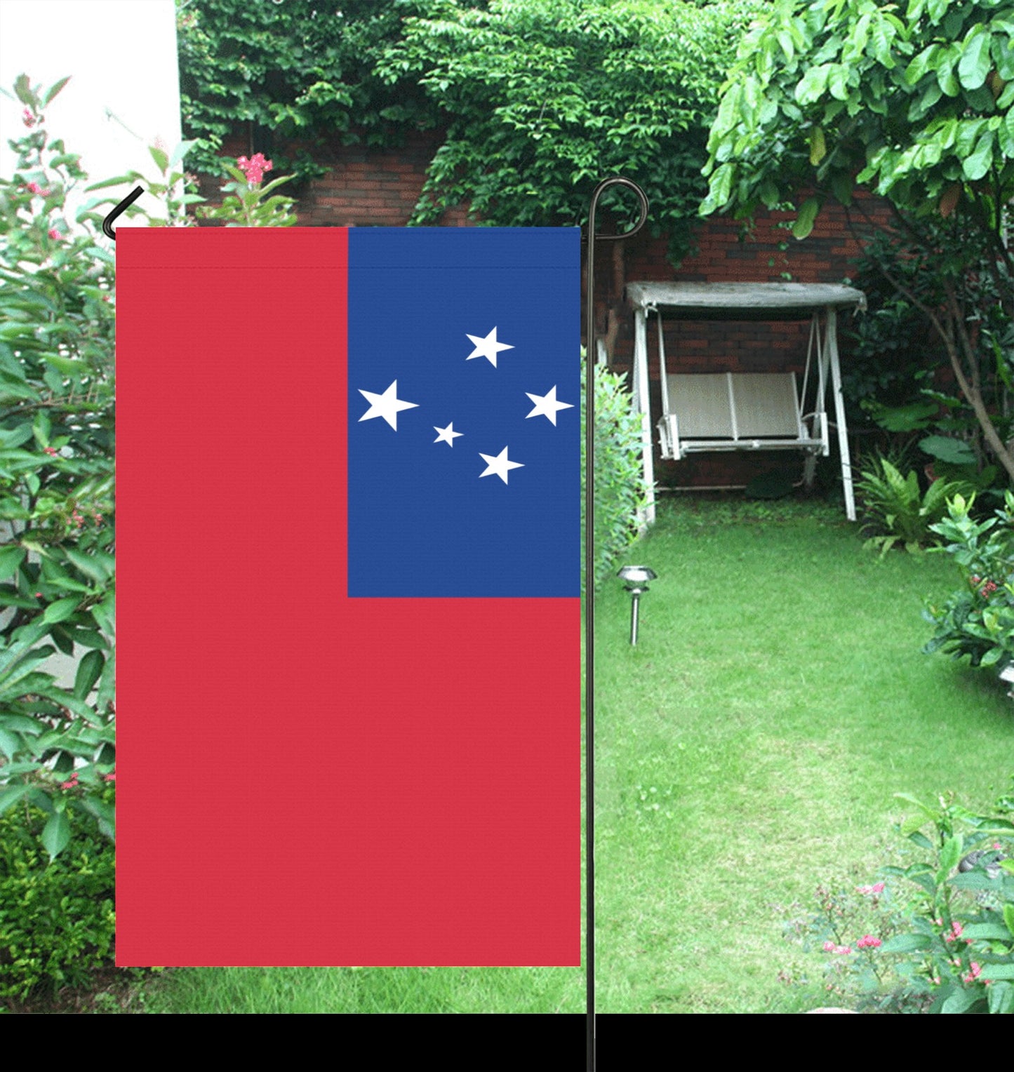 [Luv My Flag] garden flag with stars on red background.