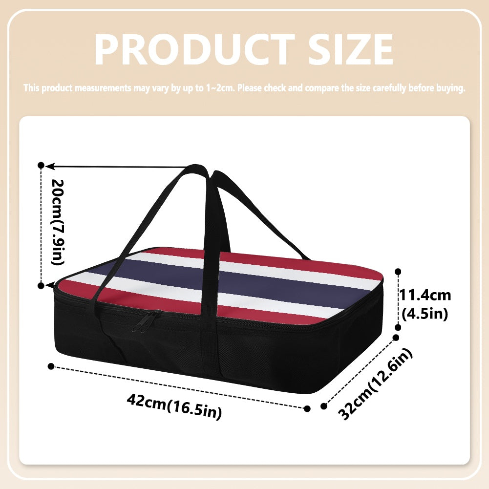 [Brand] storage bag with dimensions and red, white, blue design.