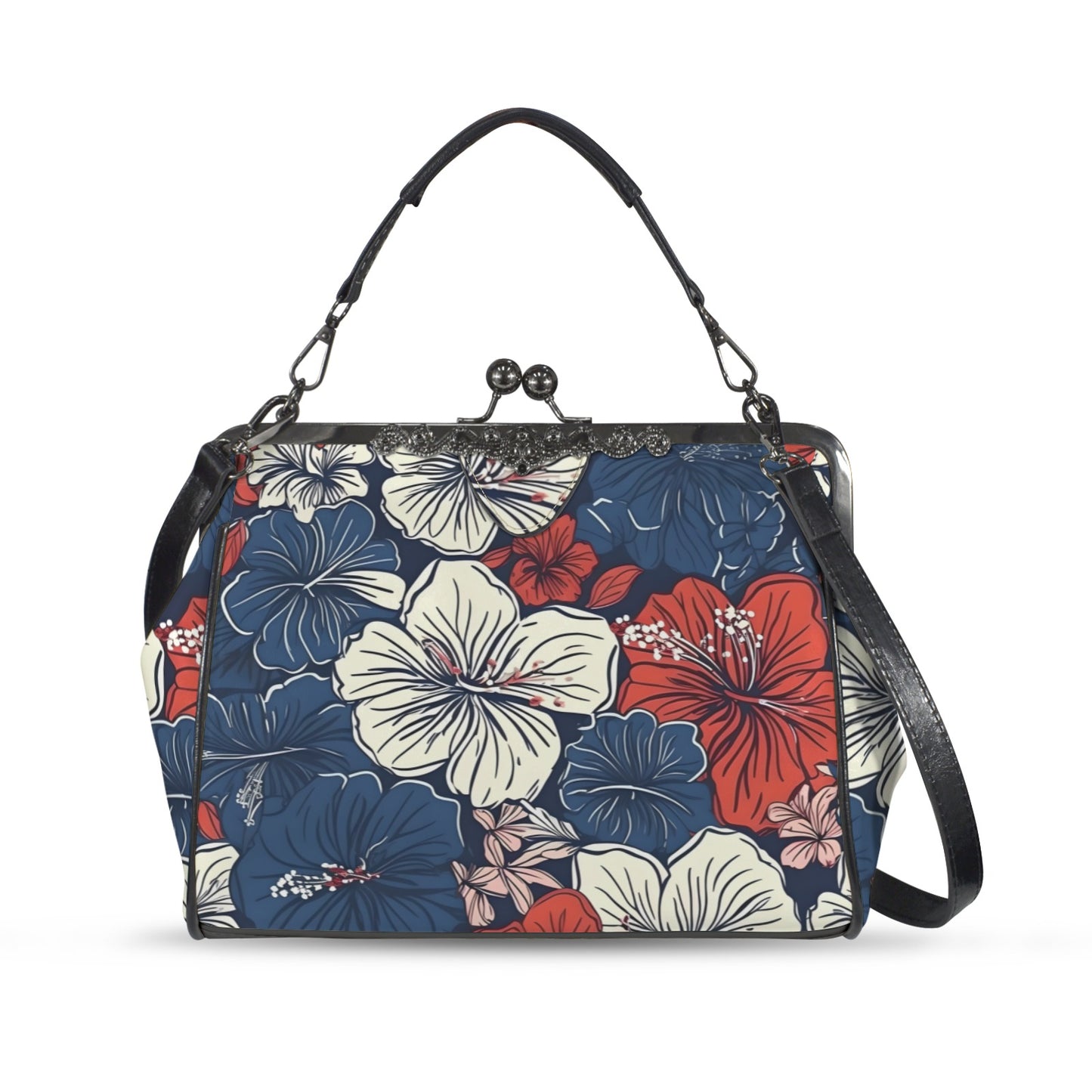 USA/American Flag Inspired Hawaiian Floral Pattern Kisslock Crossbody Shoulder Bag