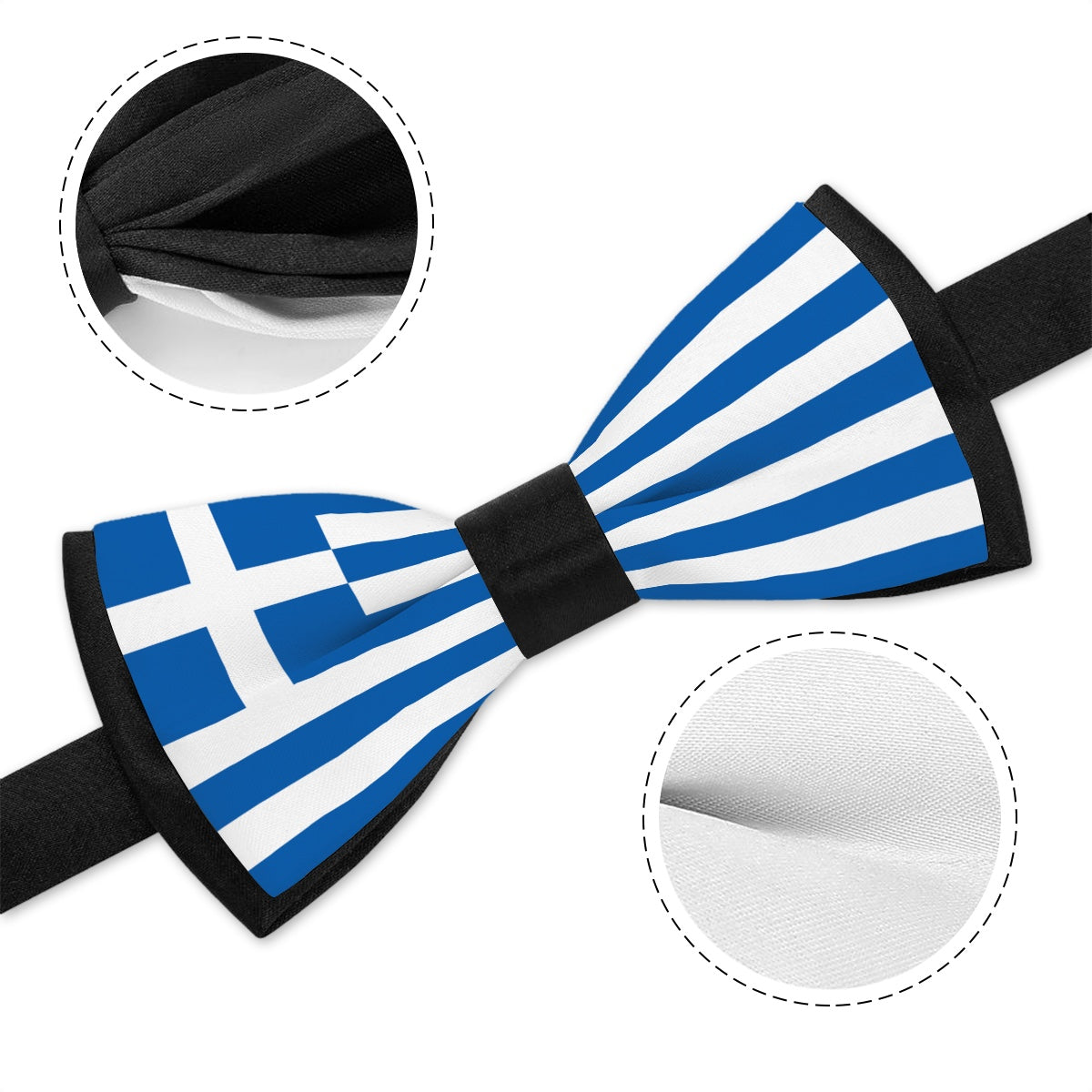 [Brand] bow tie with Greek flag design and fabric details.