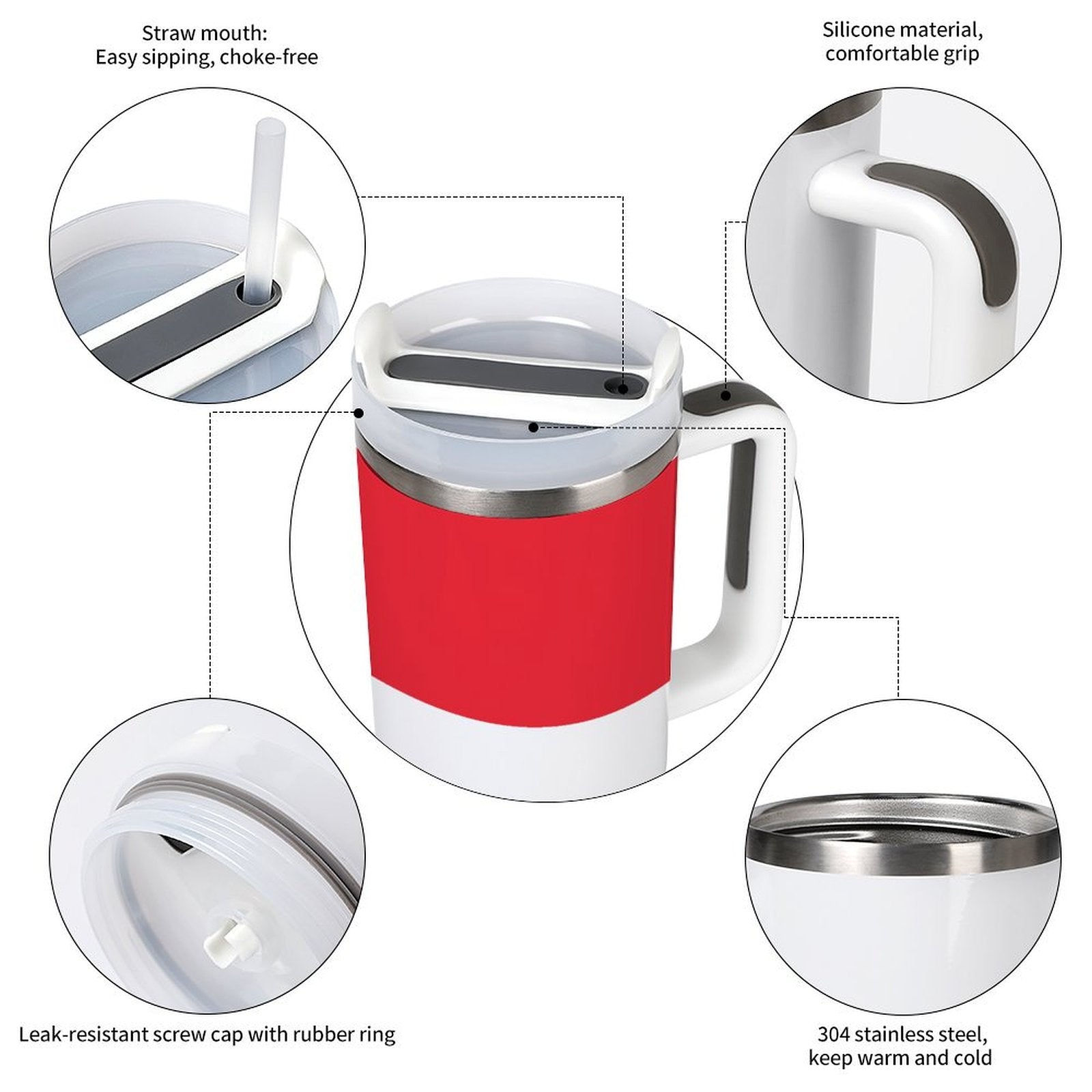 Red [Brand] travel mug with straw, silicone grip, stainless steel.
