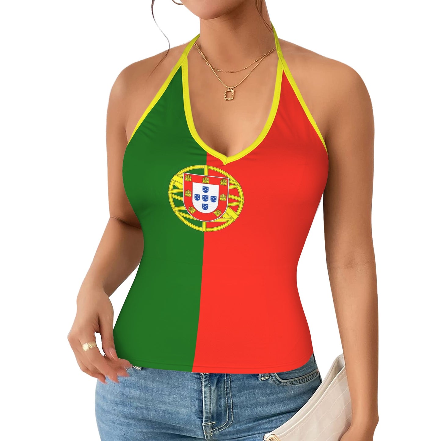Portugal Flag Inspired V-neck Halter Open Back Tank Top