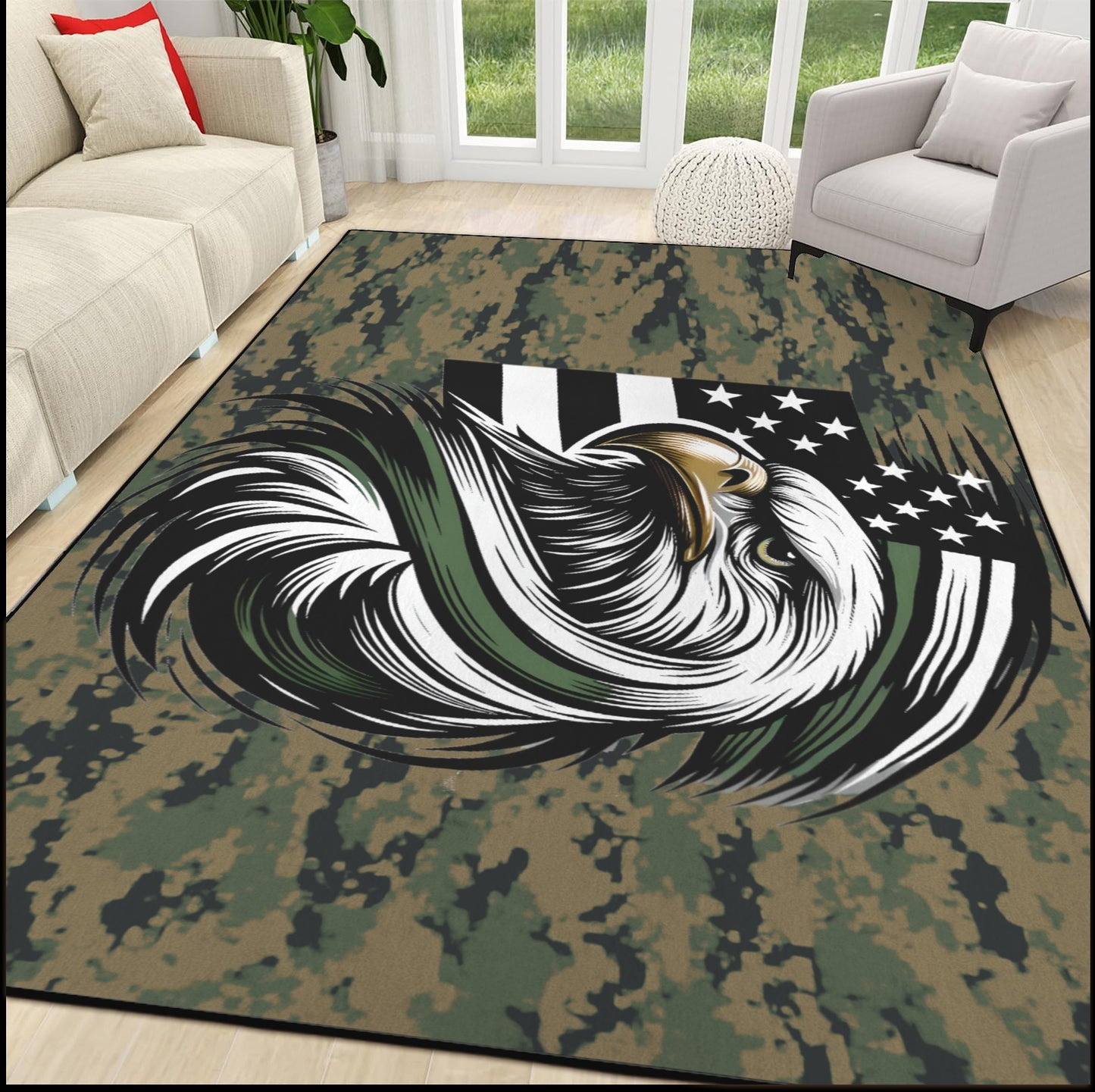 Thin Green Line Flag Inspired Eagle on Digital Camo 84x60 Inch Area Rug with Black Binding (Made in the USA)