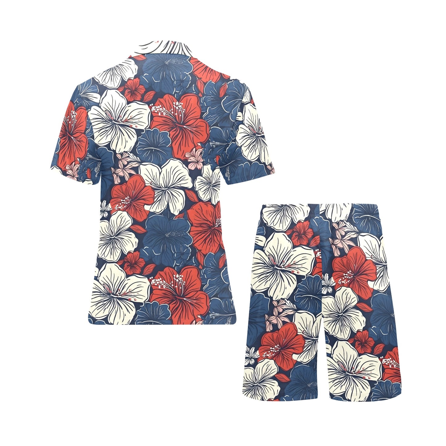 [Brand] floral shirt and shorts set, red, white, blue.