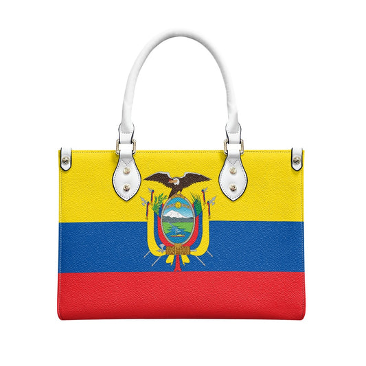 [Brand] handbag featuring Ecuador flag design with white handles.