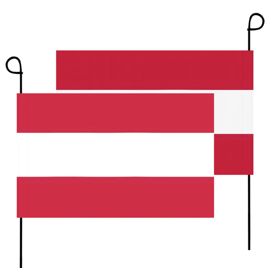 Two red-striped flags by Luv My Flag on poles.