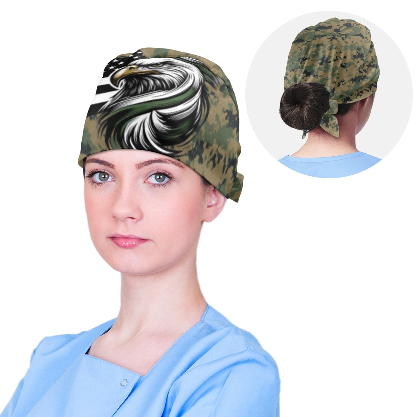 Thin Green Line Flag Inspired Eagle on Digital Camo Scrub Cap | Ships from USA
