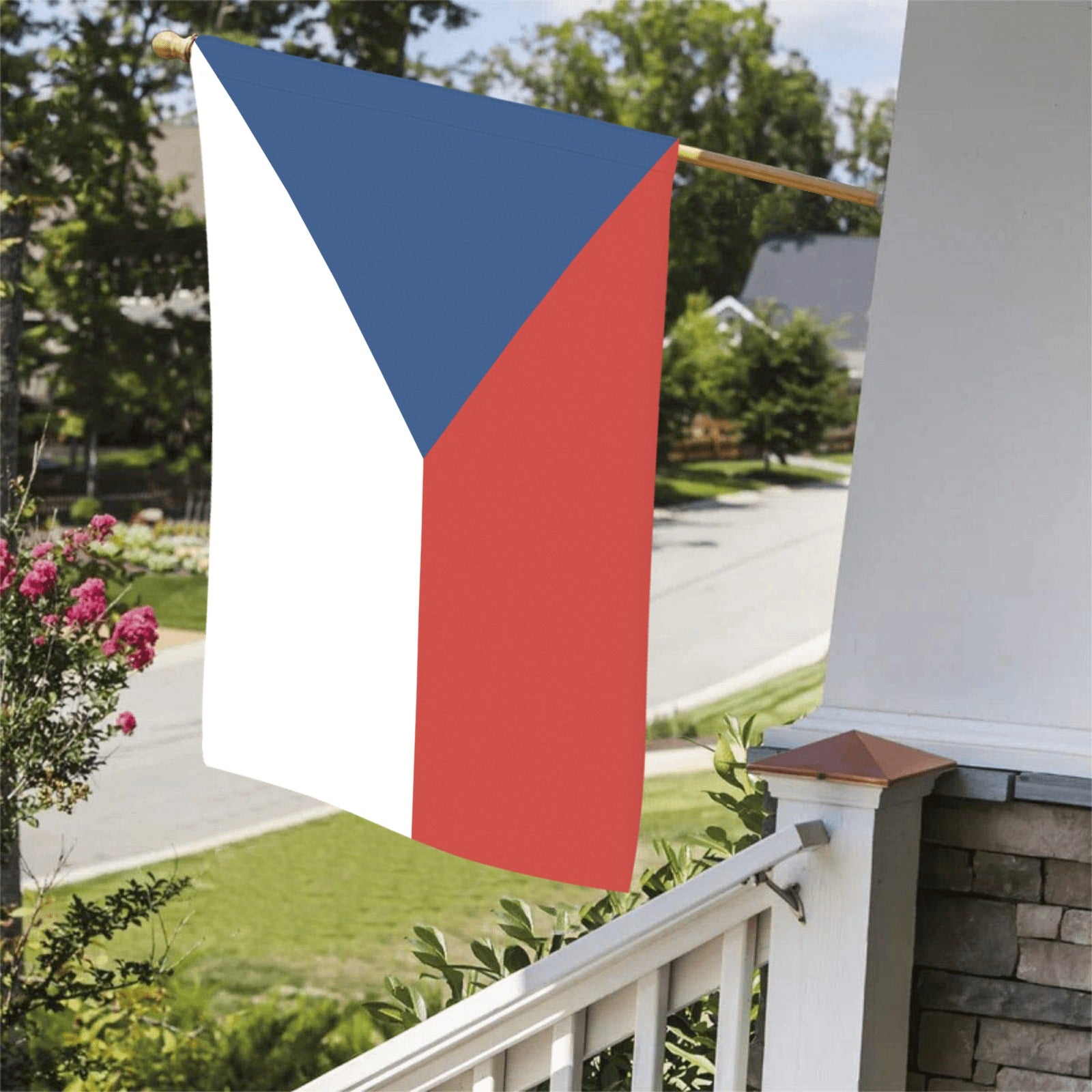 [Luv My Flag] Czech flag displayed on porch, sunny day.