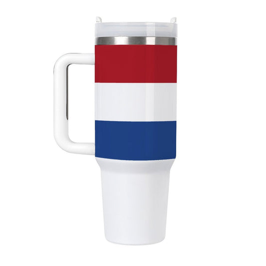 Red, white, blue striped tumbler with handle, [Brand].