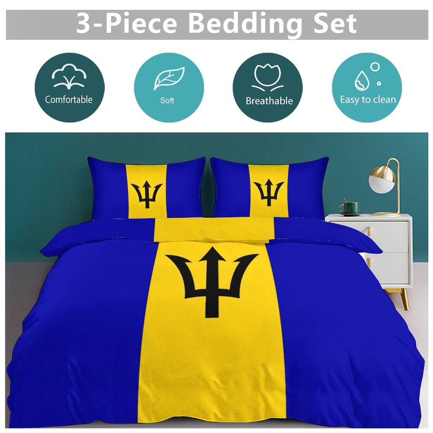 Barbados Flag Inspired 3-Piece Bedding Set (1 Duvet Cover + 2 Pillow Shams) – 102"×90"