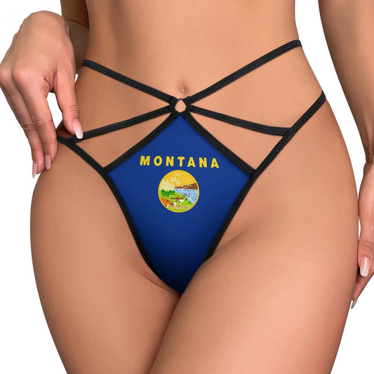 Woman wearing blue [Brand] lingerie with Montana design print.