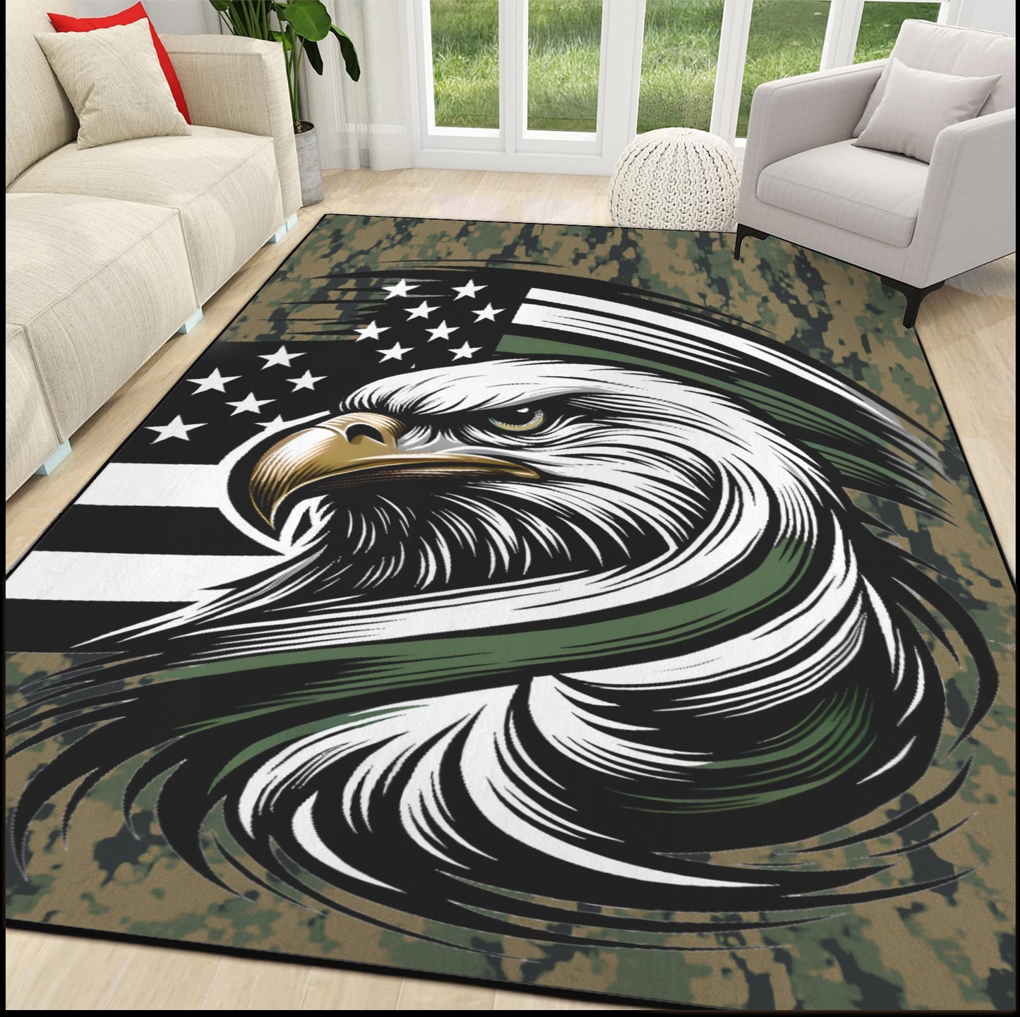 Thin Green Line Flag Inspired Eagle on Digital Camo 84x60 Inch Area Rug with Black Binding (Made in the USA)
