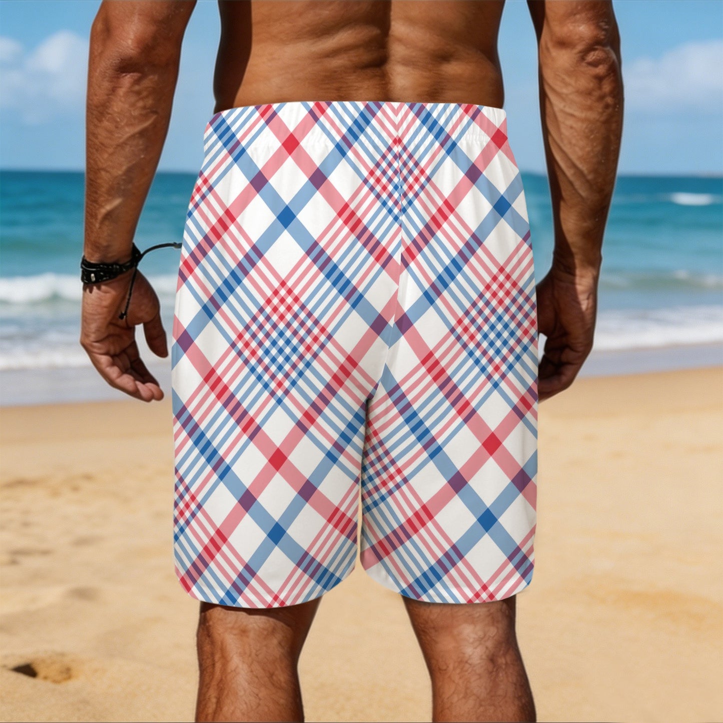 USA/American Flag Inspired Plaid Pattern Men’s Draw String Pocket Beach Shorts Printed in the USA